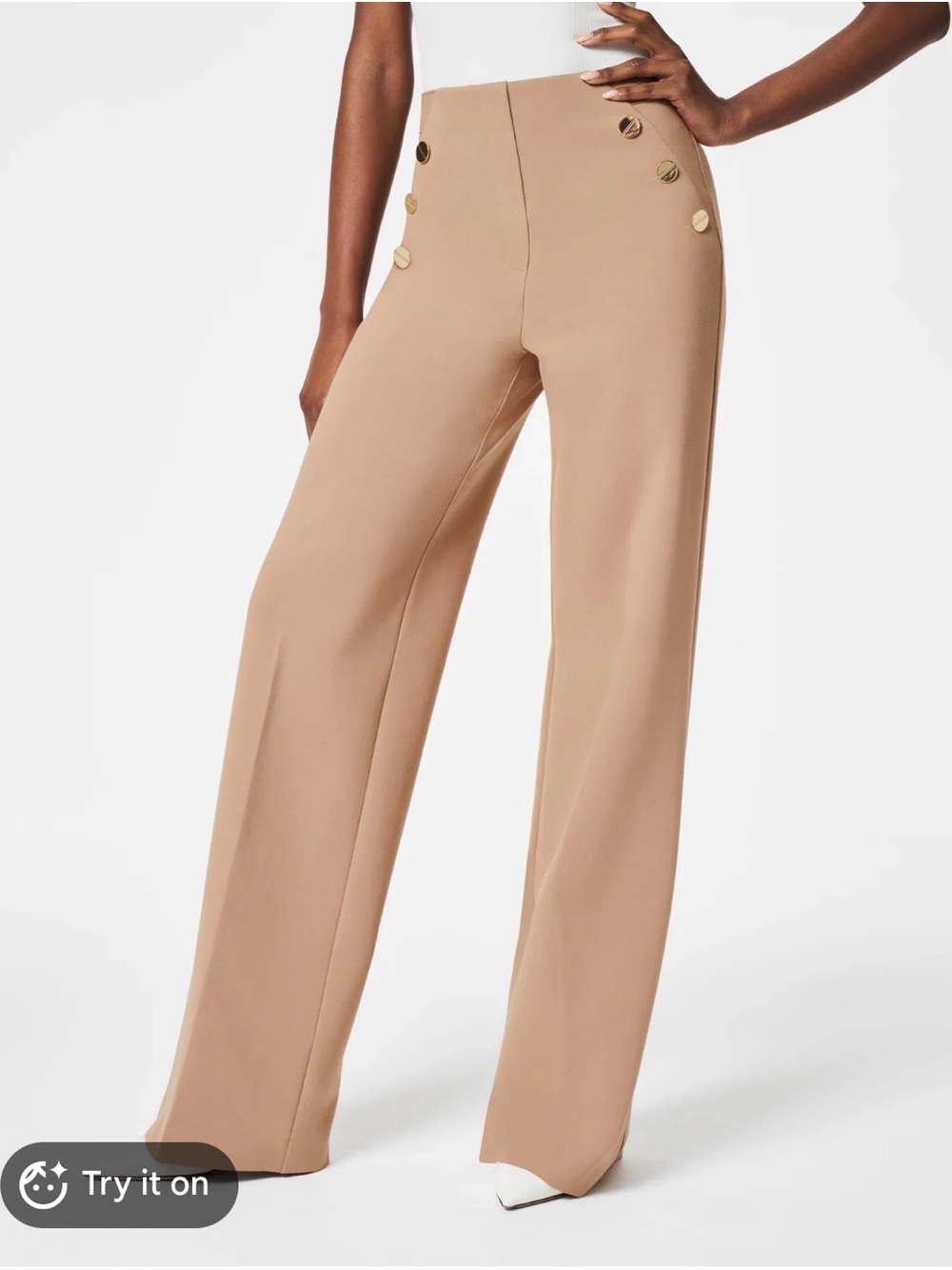 SPANX High-Rise Wide Leg Trousers in Beige with Gold Buttons